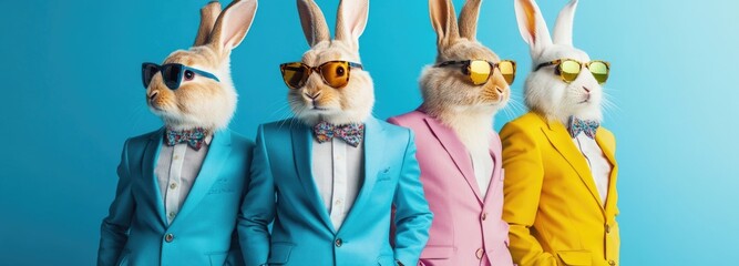 Fashionable bunnies in colorful suits and sunglasses on a blue background.