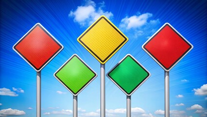 Blank Diamond Shaped Signs Against a Blue Sky with Clouds