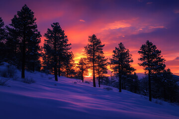 Wall Mural - Majestic pine trees covered in snow during a breathtaking winter sunset