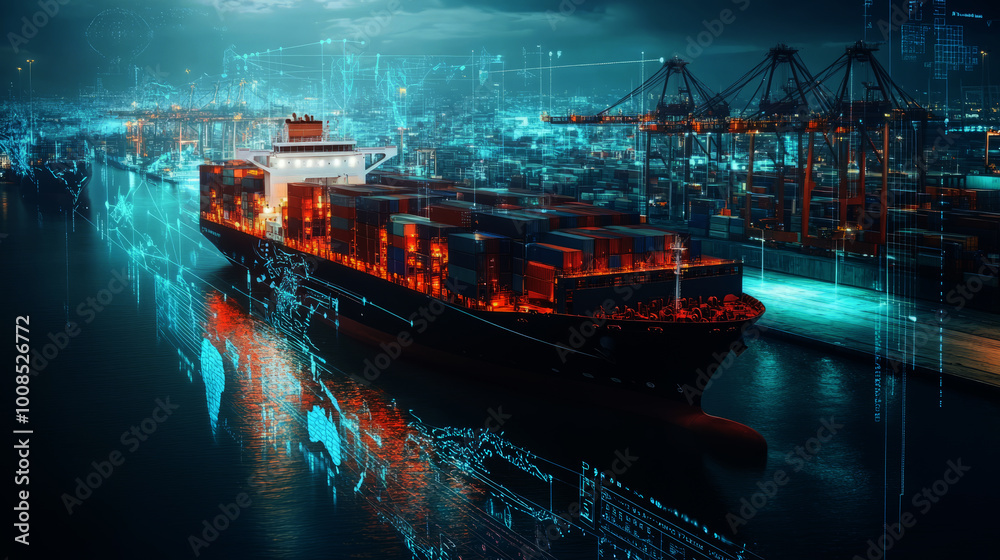 Futuristic cargo ship in port,global network concept, and in a digital ...