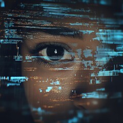 Poster - womans eye peering through flowing digital code cybersecurity, ai, and the future of technology