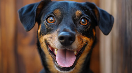 Close-up of smiling mixed breed dog with bright eyes, indoor pet portrait