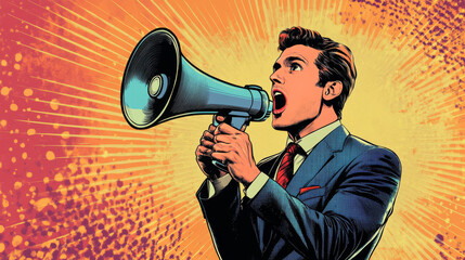 A businessman is holding a megaphone.  This image is drawn in a retro, pop art style.