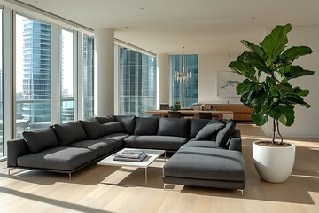 Canvas Print - Modern living room with sleek furniture and greenery.