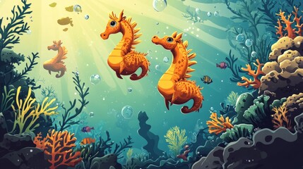 Three cartoon seahorses swim in the coral reef.