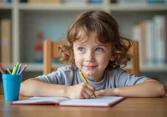 Little girl writes in a notebook. Learning at home.