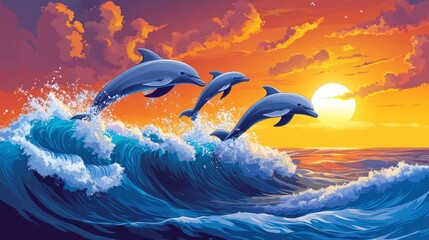 Wall Mural - three dolphins leap over waves in the ocean at sunset.