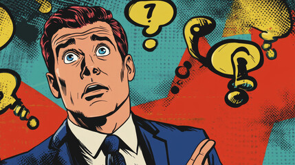 Wall Mural - A businessman is confused and asking questions in a retro comic book style.