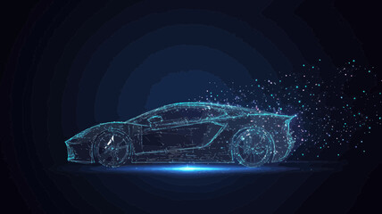 Poster - Futuristic Sport Car Wireframe Composed of Starry Sky Elements, Planets, and Universe with Points, Lines, and Shapes in Vector Minimalist SVG Style