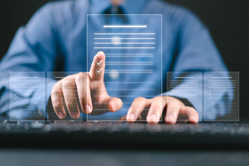 Poster - Businessman checking the steps through document with a list of checkboxes ,regulation ,Concepts of practices and policies , procedure company articles of association Terms and Conditions