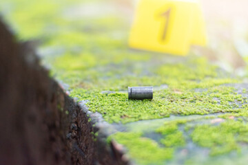 Pistol bullet shell and blurred number 1 on yellow paper on cement floor which has bright green moss growing on it, concept for investigation and crime by using gun, soft focus.