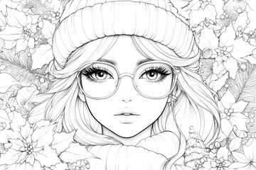 Sticker - A woman with glasses and a hat is sitting in a field of flowers. The flowers are in various colors and sizes, and they are scattered throughout the scene