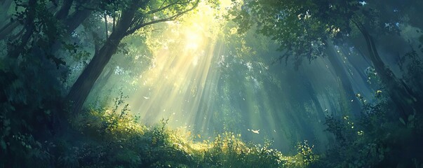 Wall Mural - A serene forest scene with sunlight filtering through trees, creating an enchanting atmosphere of tranquility and natural beauty.