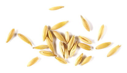 Wall Mural - Pile unpeeled oat grains isolated on white, top view