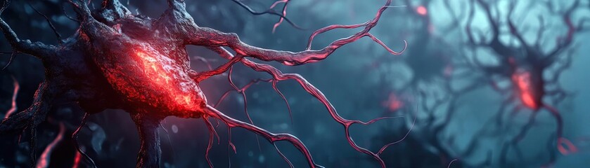 Poster - Close-up view of glowing neurons, showcasing intricate structures and vibrant red lights, symbolizing neural connections and activity.