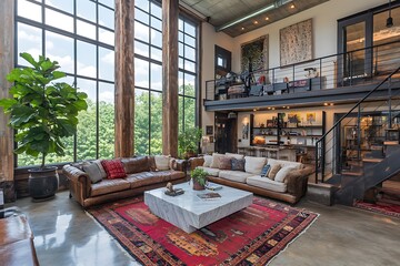 Sticker - Spacious modern living room with large windows and decor.