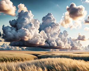 Photorealistic Clouds and Lush Meadow Landscape: Serene Nature Scene with Blue Sky and Rolling Grass Fields