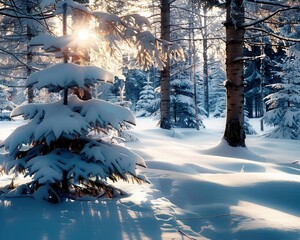 Wall Mural - Snowy forest with tall trees, serene and magical, Nature, Cool tones, Photograph, Winter beauty