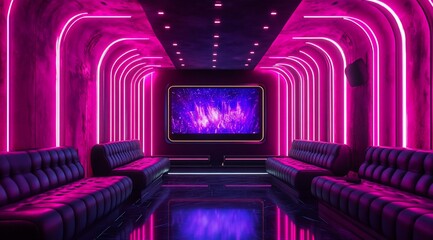 Wall Mural - Modern home theater with neon lights, black leather couches, and a large screen displaying a fiery image.