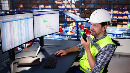 Poster - Warehouse Worker Manager Using Computer And Walkie-Talkie
