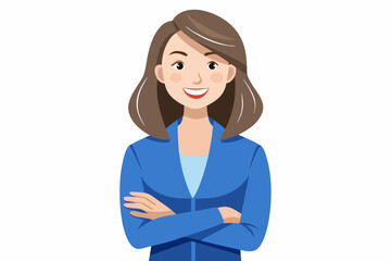 Portrait of a smiling business woman wearing a blue shirt and grey pants standing with her arms crossed isolated on a white background. vector art illustration.