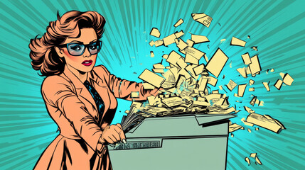 Wall Mural - A businesswoman politician is shredding top-secret government documents in a retro pop art style. The scene highlights the importance of secure document storage and data protection.