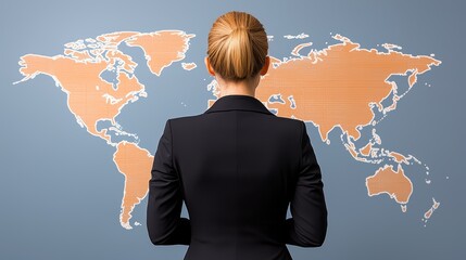 A professional woman standing with her back to a world map, contemplating global opportunities and strategies in a corporate setting.