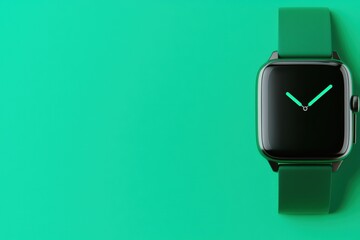 A stylish smartwatch with a black face and green strap, positioned against a vibrant teal background for a modern look.