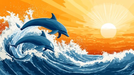 Wall Mural - two dolphins leap from the ocean waves during a vibrant sunrise.