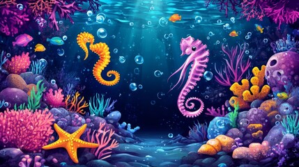 Two seahorses swim among colorful coral and seaweed in the ocean.