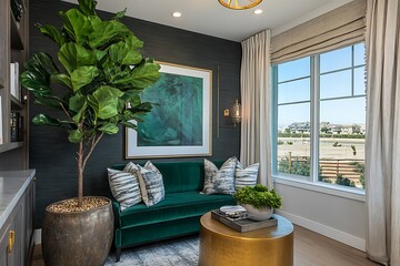 Wall Mural - Cozy modern living space with green accents and artwork.