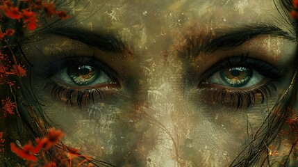 Canvas Print - Close Up Portrait of a Woman's Eyes with Nature Elements