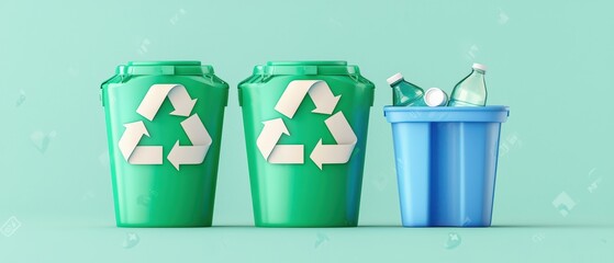 Three recycling bins, two green for recyclables and one blue for waste, on a light background, promoting eco-friendly practices and waste management.