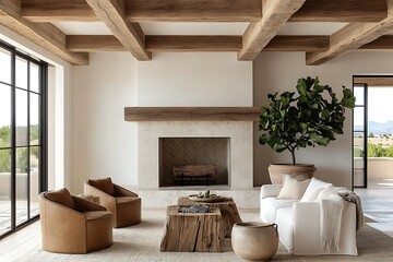 Wall Mural - Modern living room with natural elements and cozy decor.