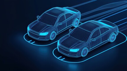 Two futuristic cars in a digital design, showcasing a sleek and modern aesthetic with dynamic lines against a dark blue background.