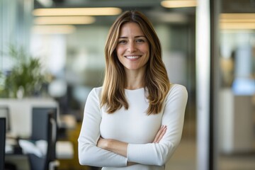 Happy businesswoman standing with arms crossed in a modern office.