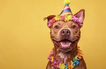 Happy pitbull dog wearing a colorful birthday hat isolated on a yellow background.