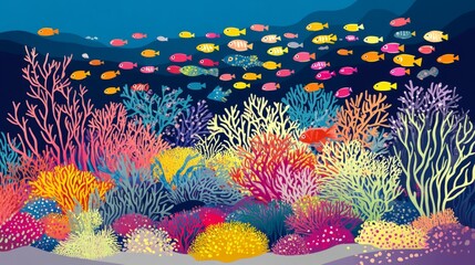 Vibrant coral reef with colorful fish swimming.