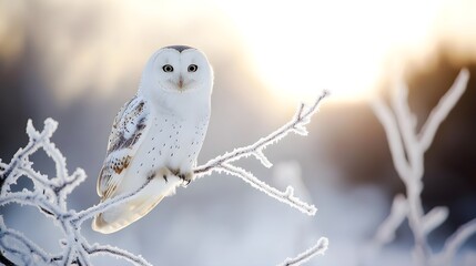 White owl perching on frost covered branch with pale wintry sun in background