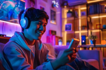 Happy asia man gamer wear headphone competition play video game online with smartphone colorful neon light in living room at night modern house. Esport streaming game online, Home quarantine activity