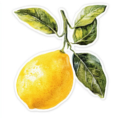 Wall Mural - Watercolor single lemon sticker icon. Hand drawn ripe lemon branch with green leaves on white background. Generative AI