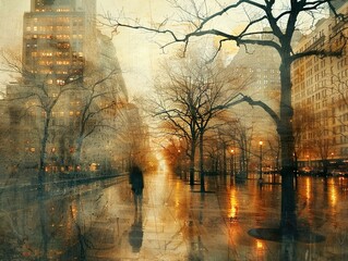 Canvas Print - Rainy Cityscape with Reflections and a Lonely Figure