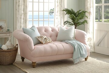 Wall Mural - Cozy pink sofa with decorative pillows in a bright room.