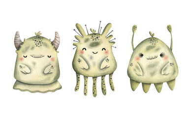 Wall Mural - Watercolor hand-drawn illustration with cute green monsters, aliens, green men. Сartoon element for kids