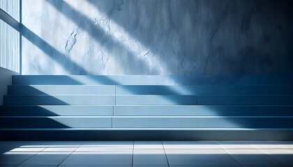 Sunlit Minimalist White Staircase with Textured Wall and Dramatic Shadows in Modern Architecture