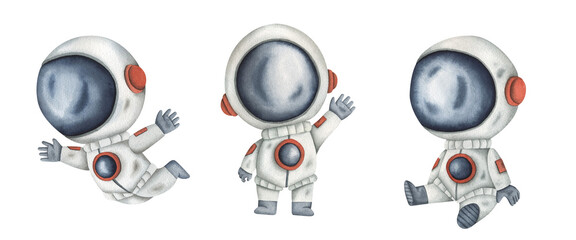 Wall Mural - Space watercolor hand-drawn set of illustrations with little astronauts -  stands and waves hand, sits, flies in zero gravity. Cute cartoon elements for kids