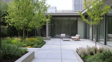 Minimalist patio garden with contemporary seating, refined plant arrangements, and clear windows adding to the tranquil outdoor experience