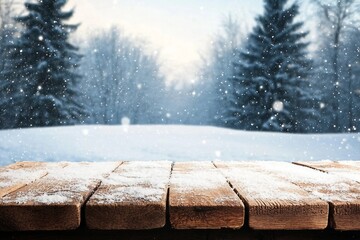Wall Mural - dirty old wooden table place of snow and trees of snow place