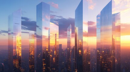 Wall Mural - A skyline of floating glass towers, their facades reflecting the shimmering colors of dusk as they hover effortlessly in the sky.