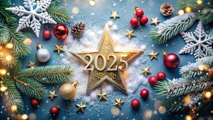 Wall Mural - Wishing you a splendid New Year filled with joy! Adorned with snowflakes, ornaments, and stars, let the spirit